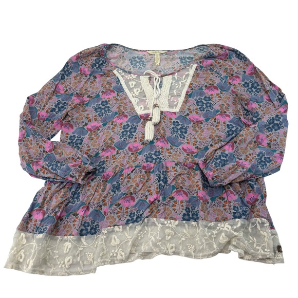 Matilda Jane Tops - Matilda Jane Womens M Floral Peplum Blouse Boho Lace Trim Tassel Tie Pink Blue